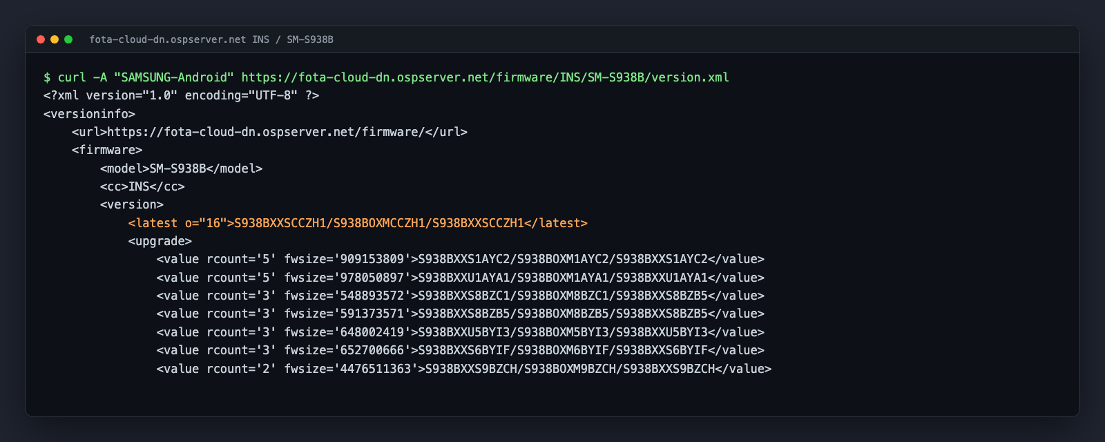 Samsung FOTA server version.xml response for SM-S938B in India showing the latest build S938BXXSCCZH1