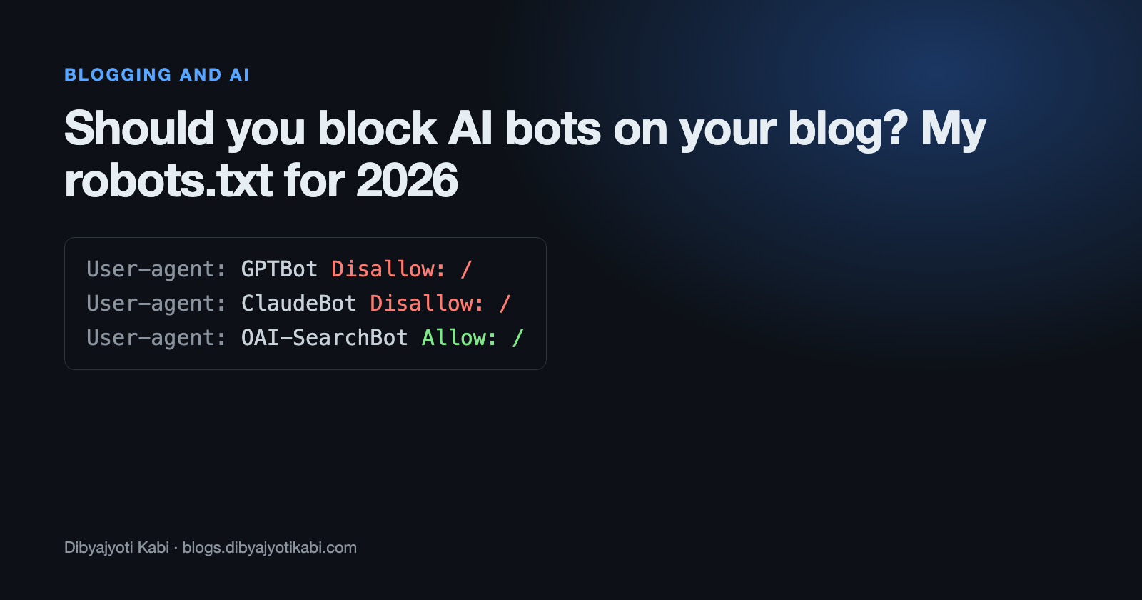 robots.txt cover with AI crawler names split into training bots that are blocked and search bots that are allowed