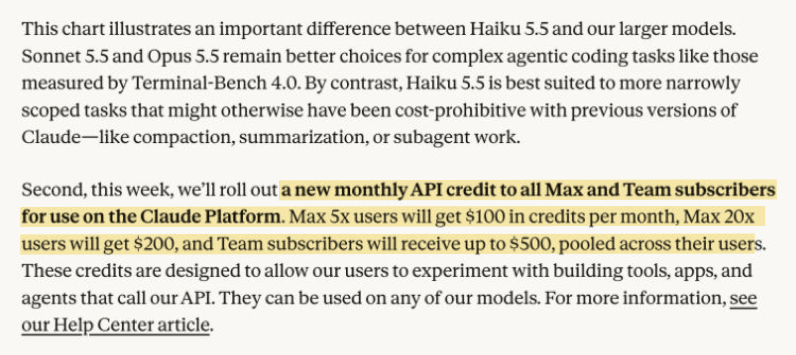 Screenshot of Anthropic's Claude Haiku 5.5 announcement with the API credit details highlighted