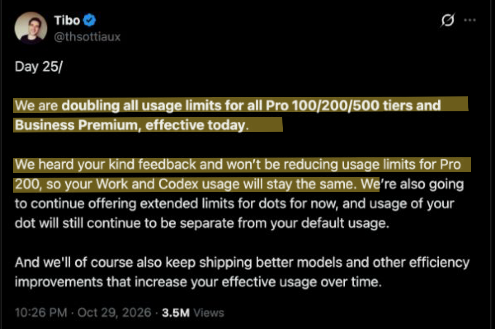 Screenshot of Tibo's X post with the passages about doubling allowances and keeping Pro 200 usage highlighted