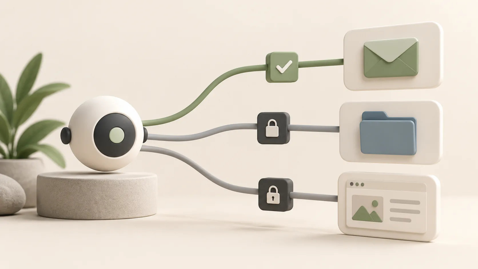 An AI agent connected to email, files and a publishing page, with permission checks and locks controlling access.