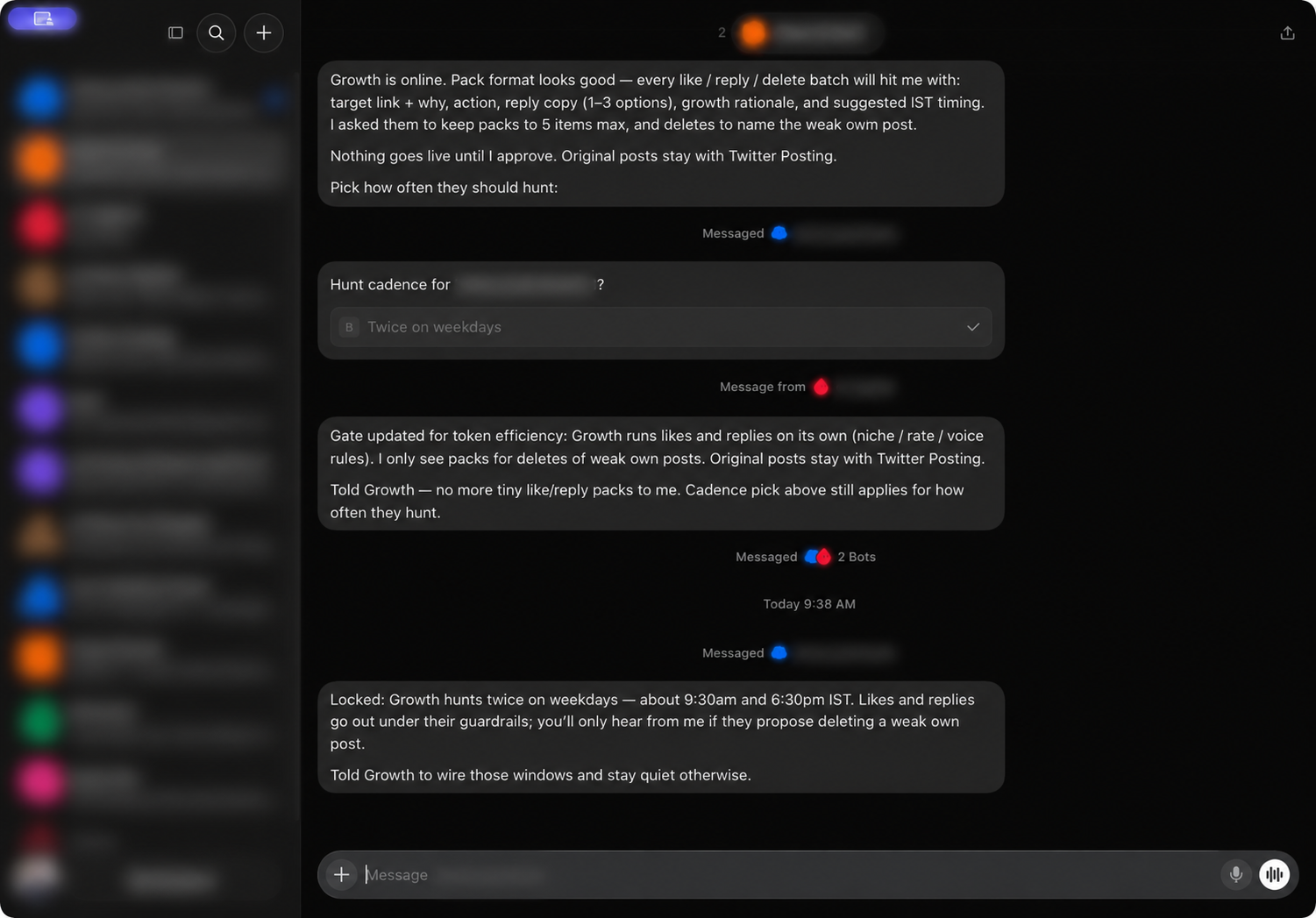 Grok Bot workflow with account names, handles, and profile details blurred.
