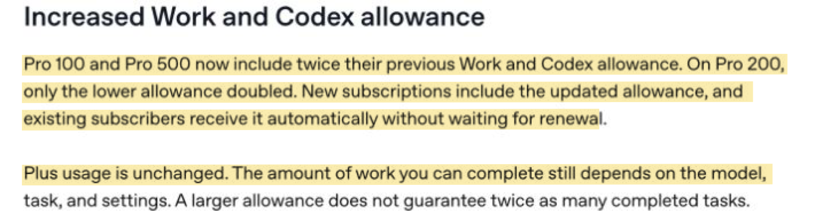 Screenshot of the OpenAI help page with the updated Pro allowances highlighted