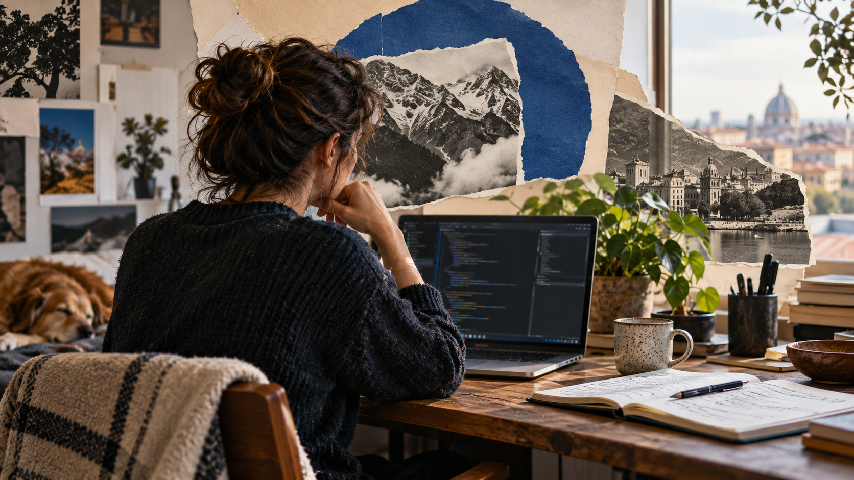 Editorial illustration of a person working at a laptop