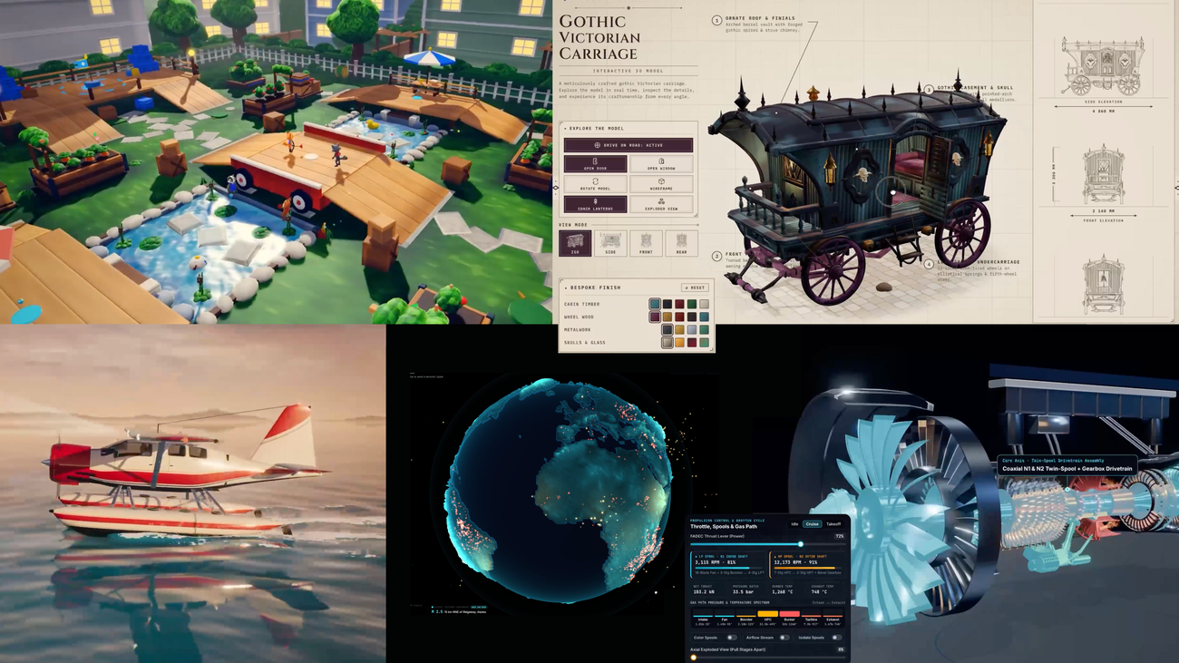 Screenshots of five Gemini 4 Argon community projects, including a browser game, globe, carriage, seaplane, and jet engine. Source: Google.