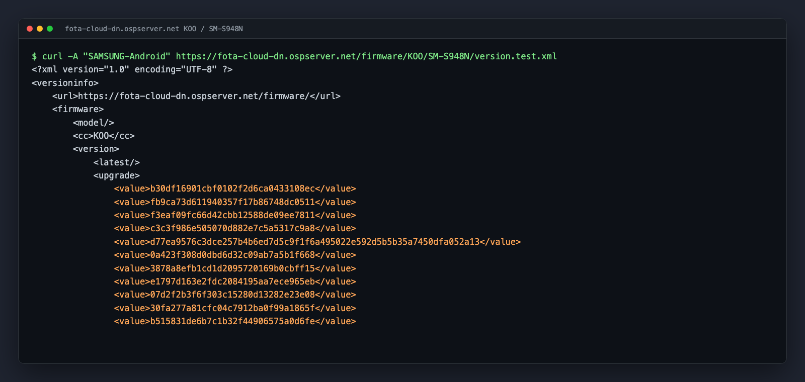 Samsung version.test.xml for the Galaxy S26 Ultra in Korea showing a list of MD5 hashes instead of build numbers