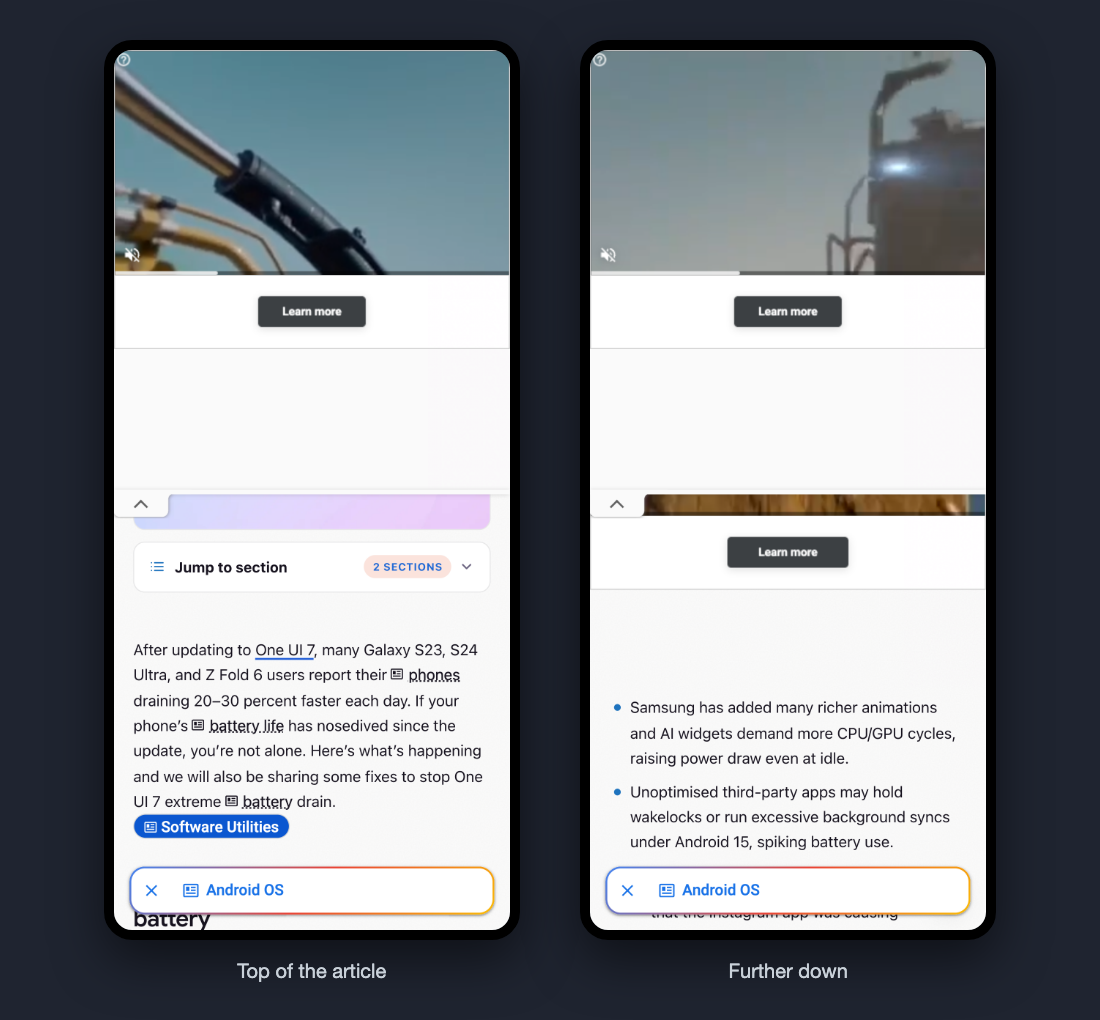 TheDroidGuru article on an emulated Galaxy phone with AdSense test ads: a large video ad at the top, an anchor ad, intent links in the article text and an Android OS chip at the bottom